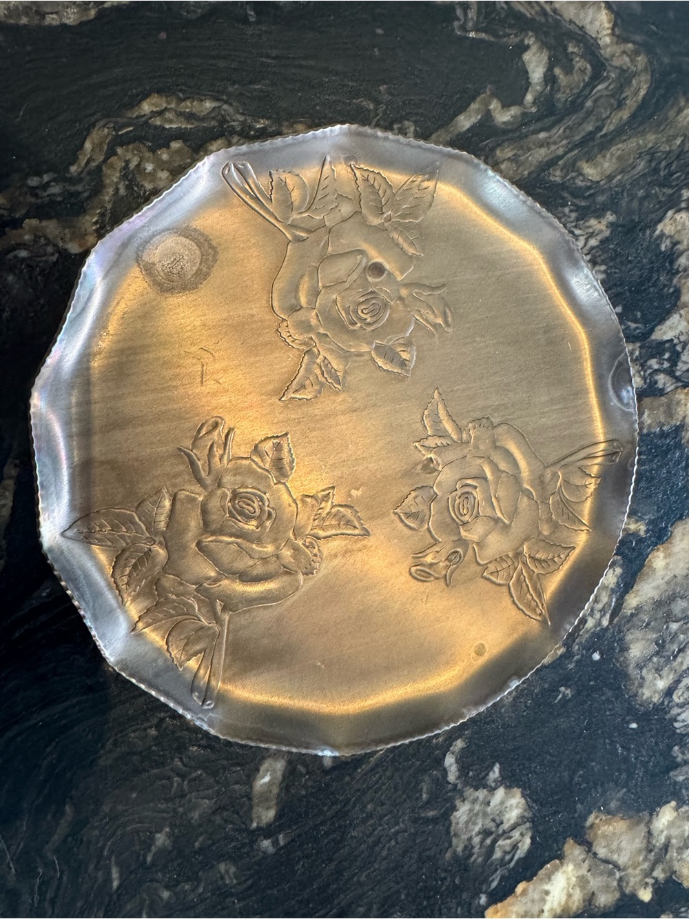 Vintage hammered aluminum Embossed Floral Metal Decorative Plate tray